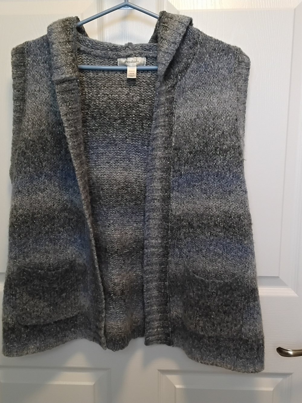 dressbarn Marled Blue/ Gray Hooded Open-Front Knit Sweater Vest Size 14/16